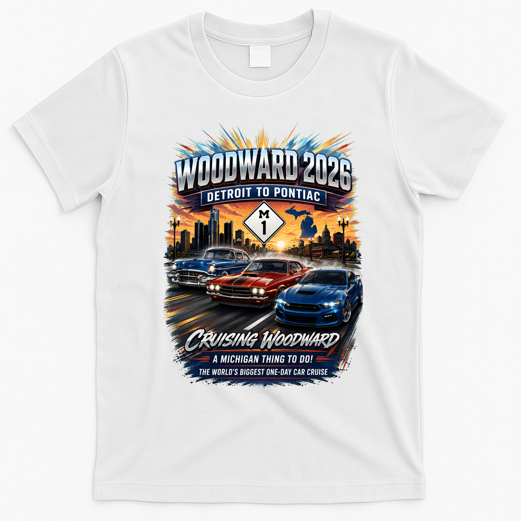 Cruising Woodward 2026 Detroit to Pontiac Car Event T-Shirt - White