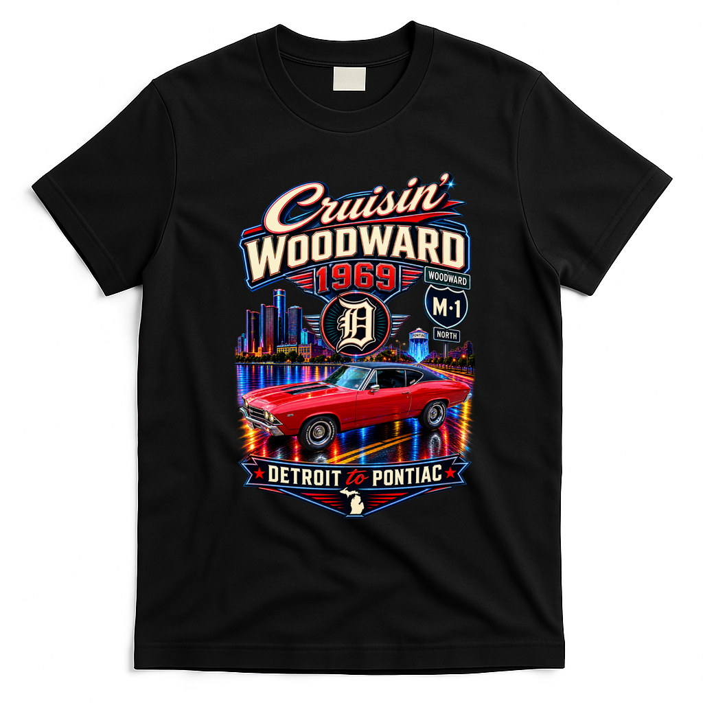 Cruisin' Woodward 1969 Detroit to Pontiac Vintage Car Artwork T-Shirt - Black