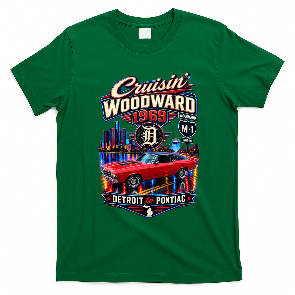 Cruisin' Woodward 1969 Detroit to Pontiac Vintage Car Artwork T-Shirt - Irish Green