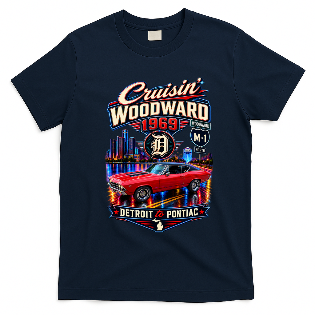Cruisin' Woodward 1969 Detroit to Pontiac Vintage Car Artwork T-Shirt - Navy Blue