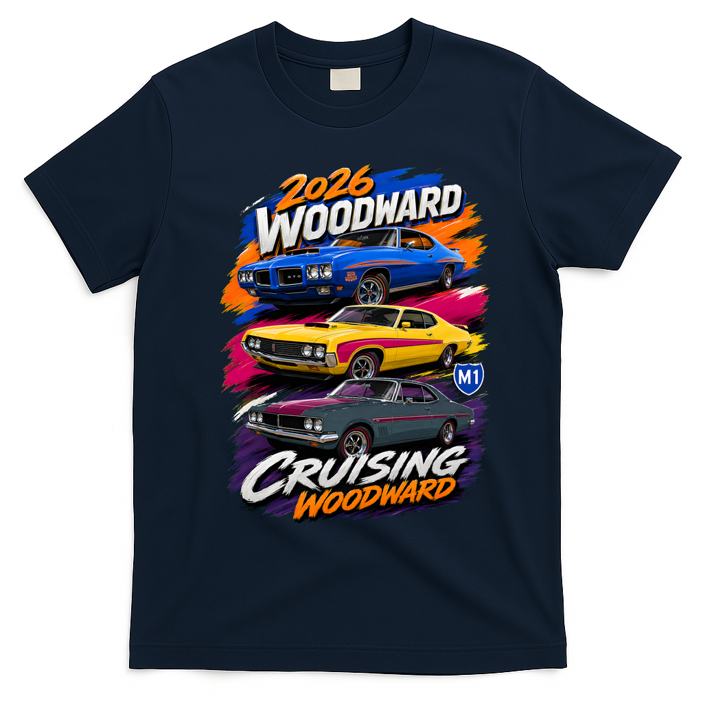 2026 CRUISING WOODWARD THREE MUSCLE LEGENDS T-Shirt - Navy Blue
