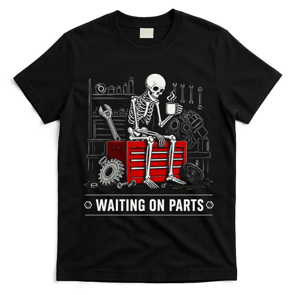 Waiting on Parts Skeleton Mechanic Humor Gift T-Shirt - Black