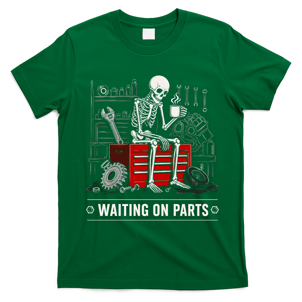 Waiting on Parts Skeleton Mechanic Humor Gift T-Shirt - Irish Green
