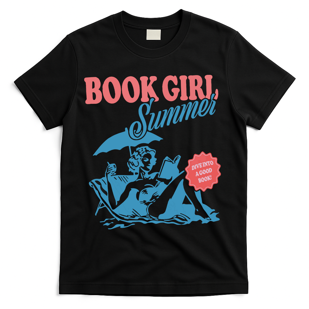Women Retro Book Girl Summer Bookish Vacation Funny Reader T-Shirt - Black