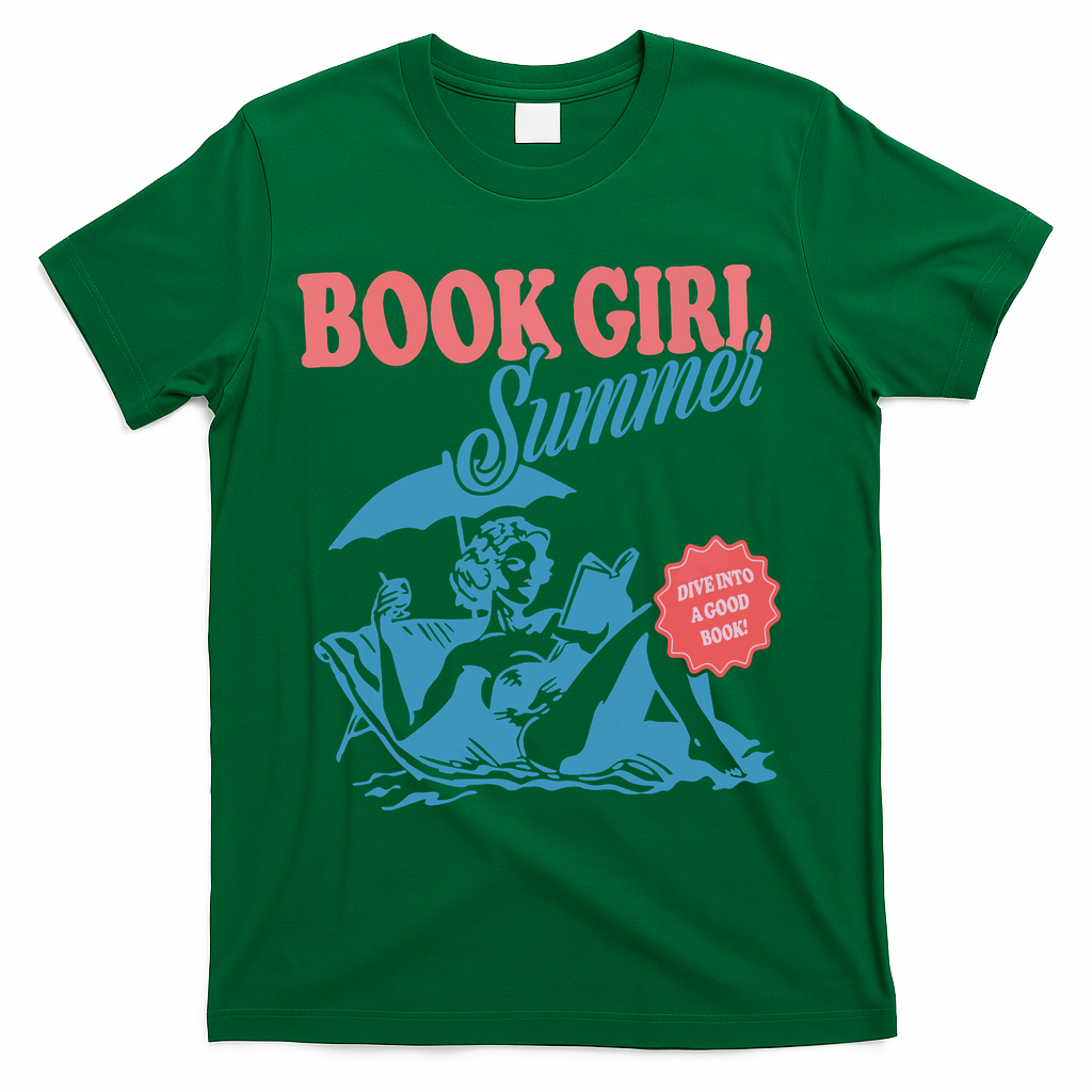 Women Retro Book Girl Summer Bookish Vacation Funny Reader T-Shirt - Green