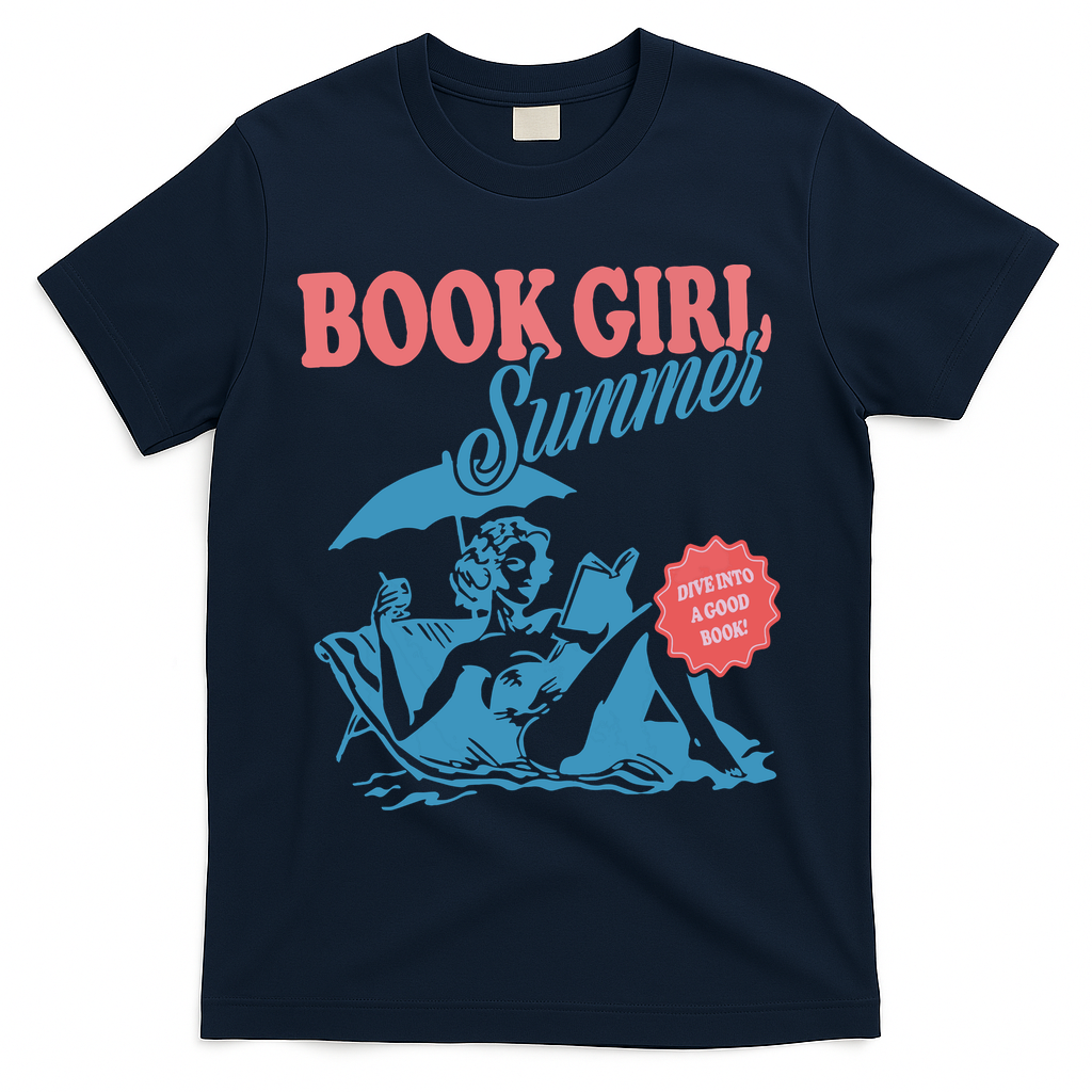 Women Retro Book Girl Summer Bookish Vacation Funny Reader T-Shirt - Navy