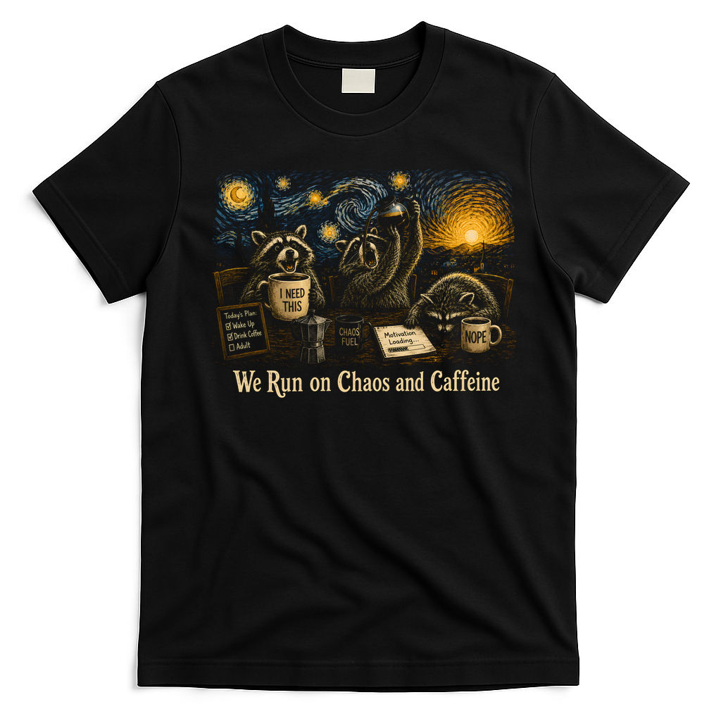 We Run On Chaos And Caffeine Raccoon Funny T-Shirt - Black