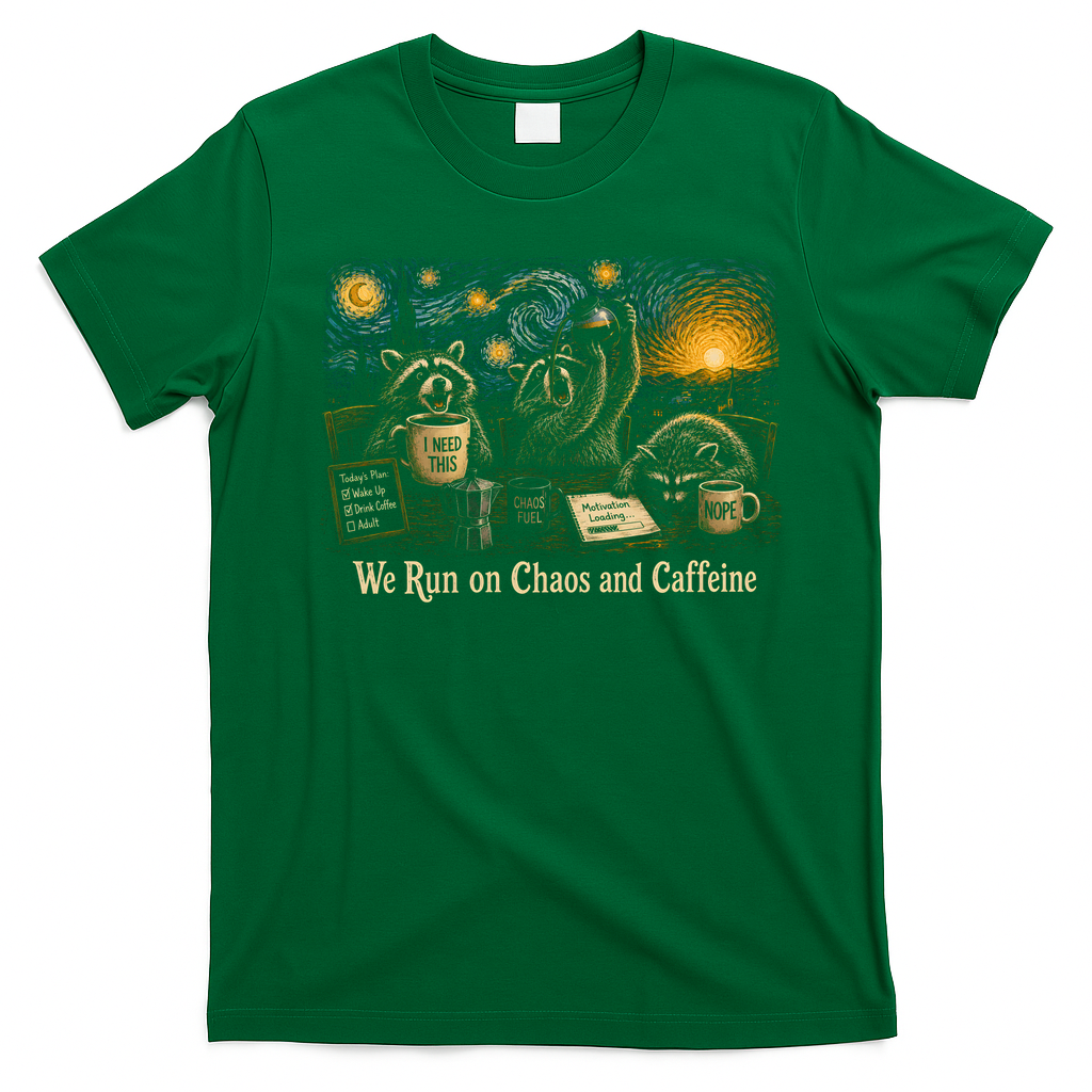 We Run On Chaos And Caffeine Raccoon Funny T-Shirt - Irish Green