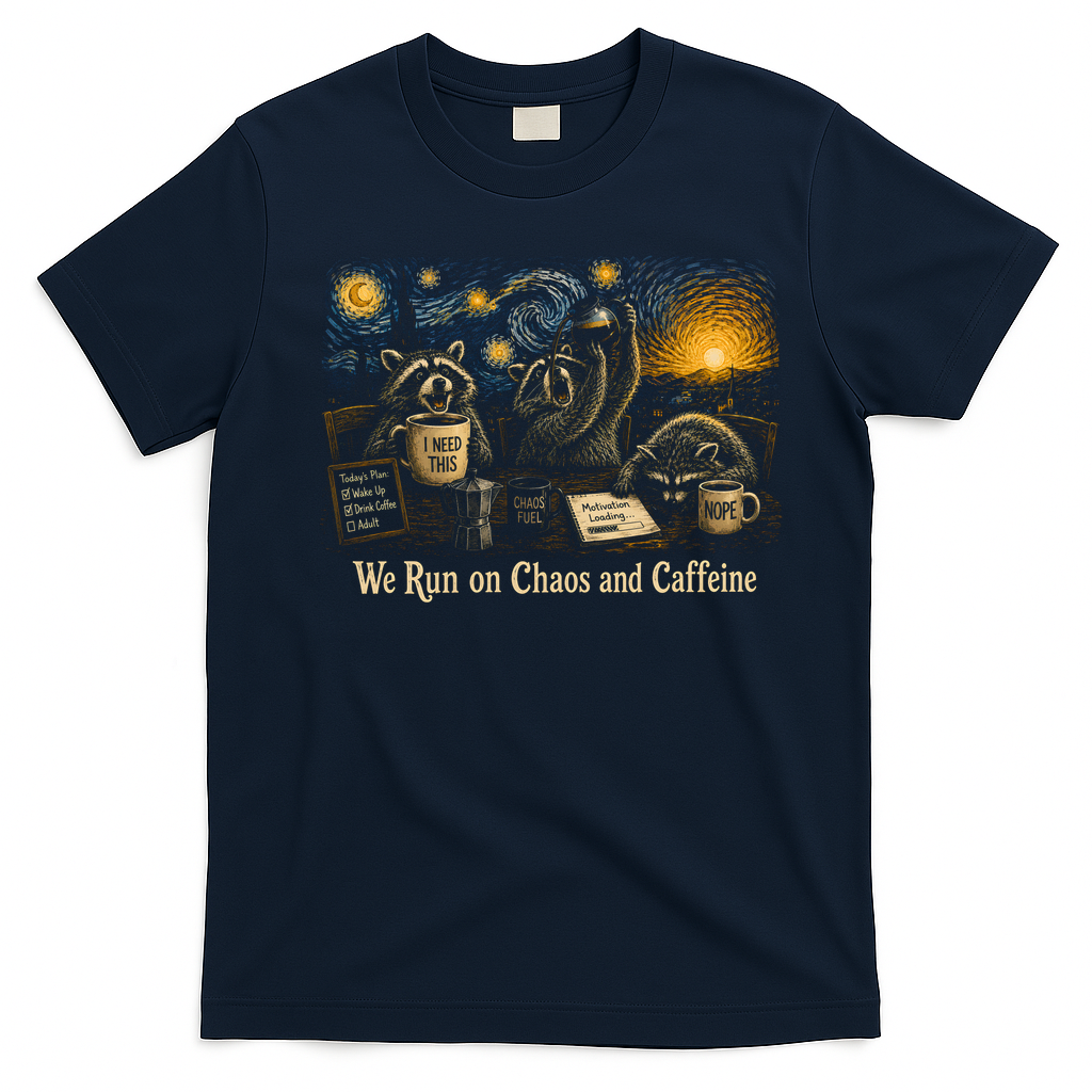 We Run On Chaos And Caffeine Raccoon Funny T-Shirt - Navy Blue