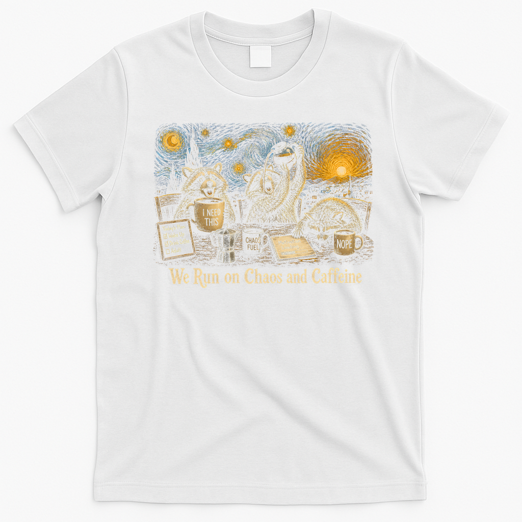 We Run On Chaos And Caffeine Raccoon Funny T-Shirt - White
