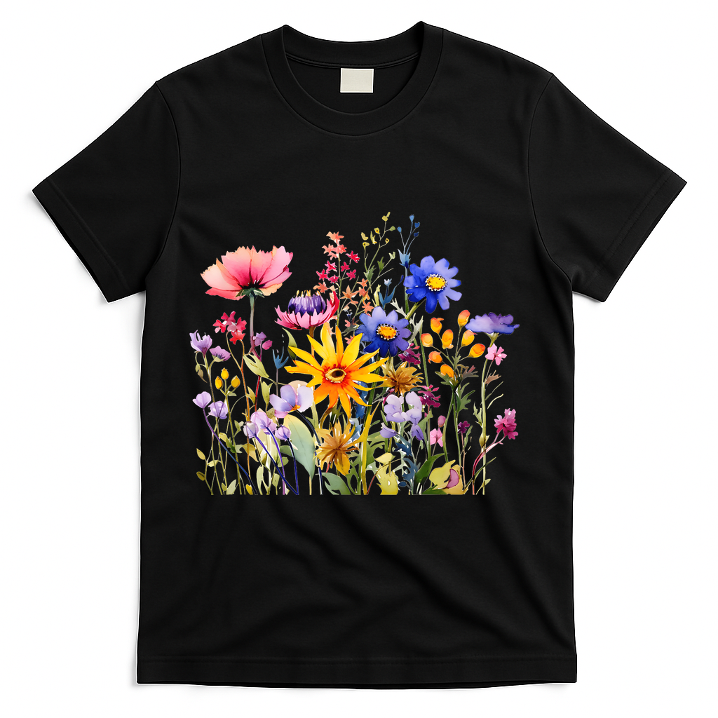 Wildflower Summer Flowers Blooming Floral Graphic T-Shirt - Black