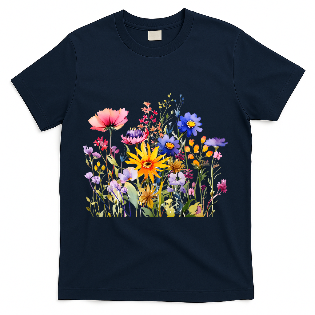 Wildflower Summer Flowers Blooming Floral Graphic T-Shirt - Navy