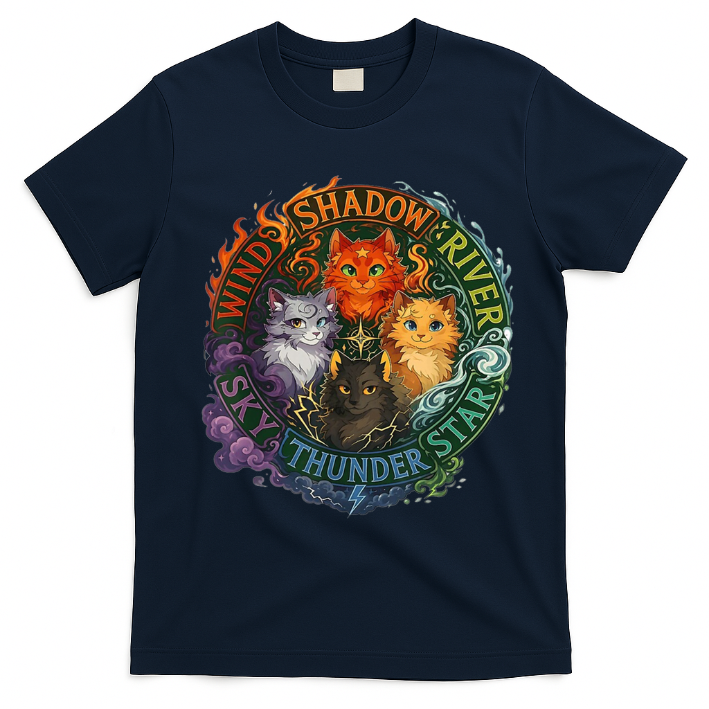Wind Shadow River Star Thunder Sky Cat Feline Fire T-Shirt - Navy Blue