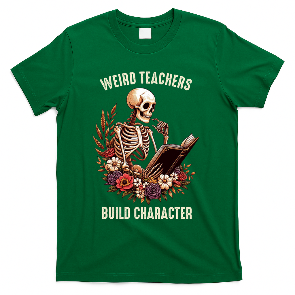 Wierd Teachers Build Charcter Funny Skeleton Book Floral Halloween T-Shirt - Green
