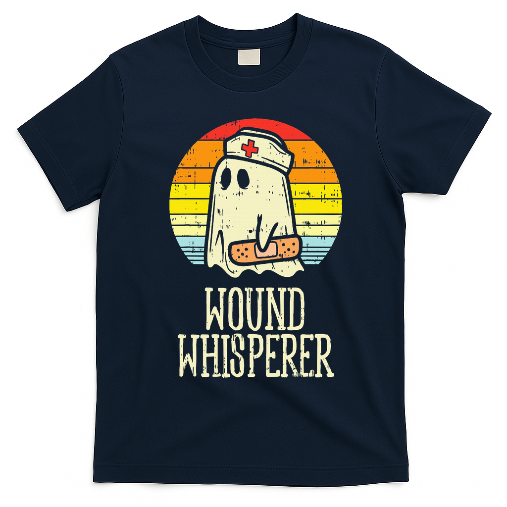 Wound Whisperer Ghost Nurse Boo Halloween Nursing RN T-Shirt - Navy Blue
