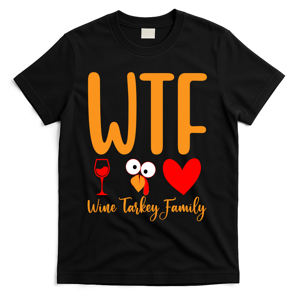 Wtf Wine Turkey Family Funny Thanksgiving Day T-Shirt - Black