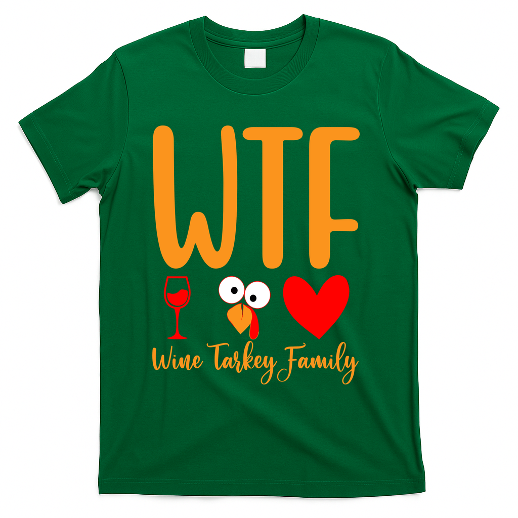 Wtf Wine Turkey Family Funny Thanksgiving Day T-Shirt - Green