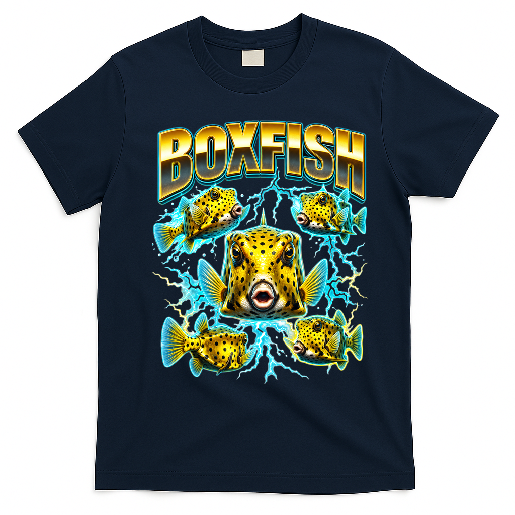 Yellow Boxfish 90s Bootleg Rap Marine Life Fish T-Shirt - Navy Blue