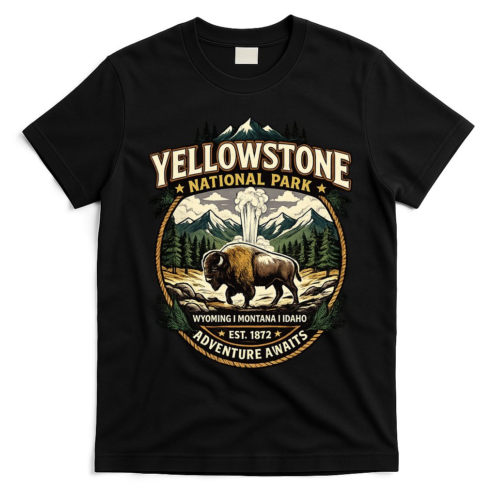 Yellowstone National Park Adventure Awaits Bison Badge T-Shirt - Black