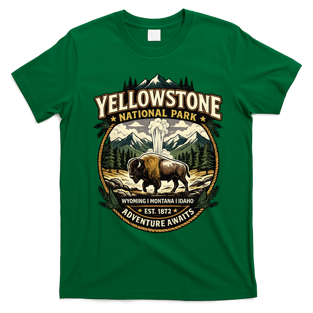 Yellowstone National Park Adventure Awaits Bison Badge T-Shirt - Irish Green
