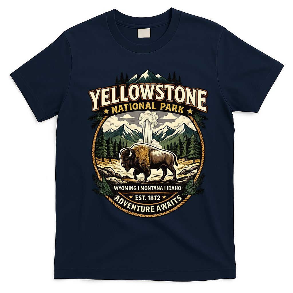 Yellowstone National Park Adventure Awaits Bison Badge T-Shirt - Navy Blue