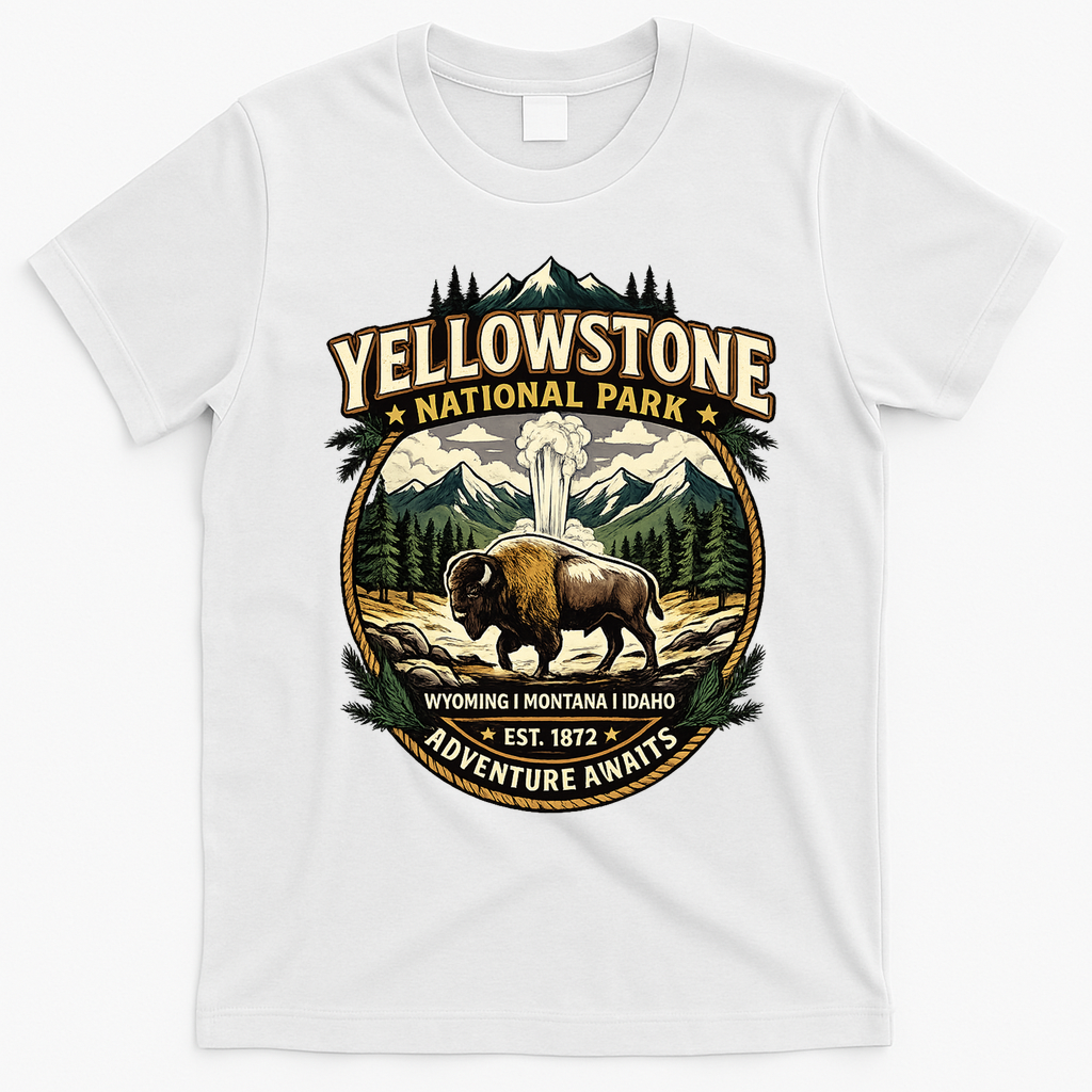 Yellowstone National Park Adventure Awaits Bison Badge T-Shirt - White