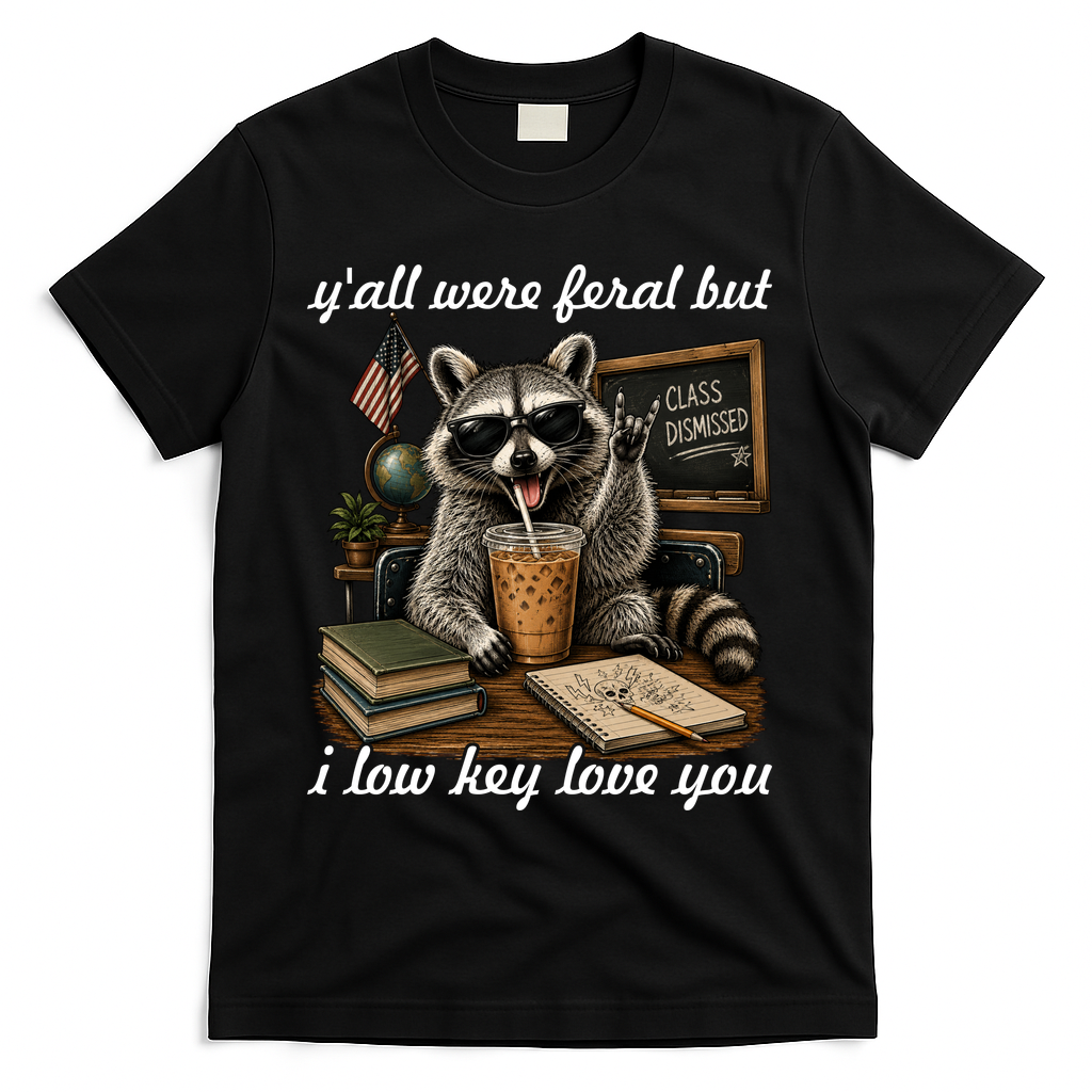 Yall Were Feral But I Low Key Love You Funny Raccoon T-Shirt - Black