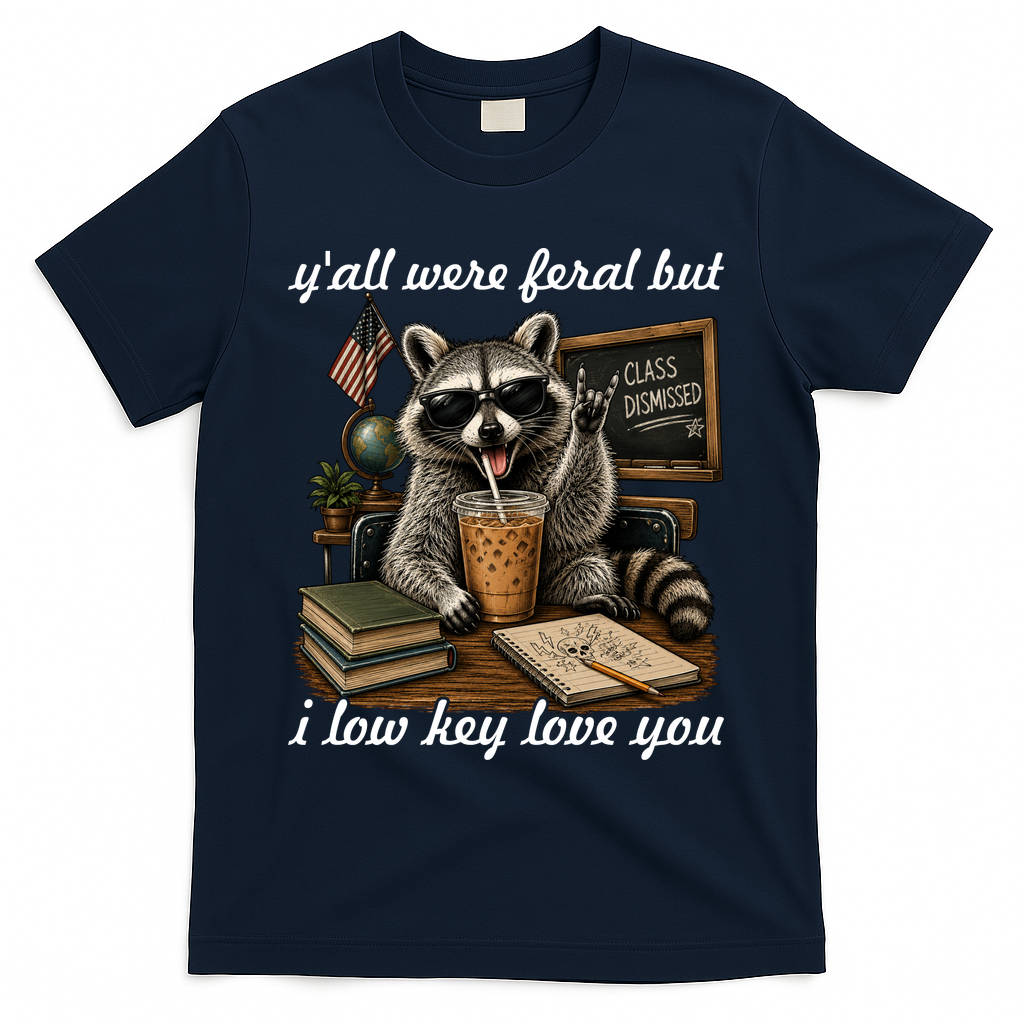 Yall Were Feral But I Low Key Love You Funny Raccoon T-Shirt - Navy