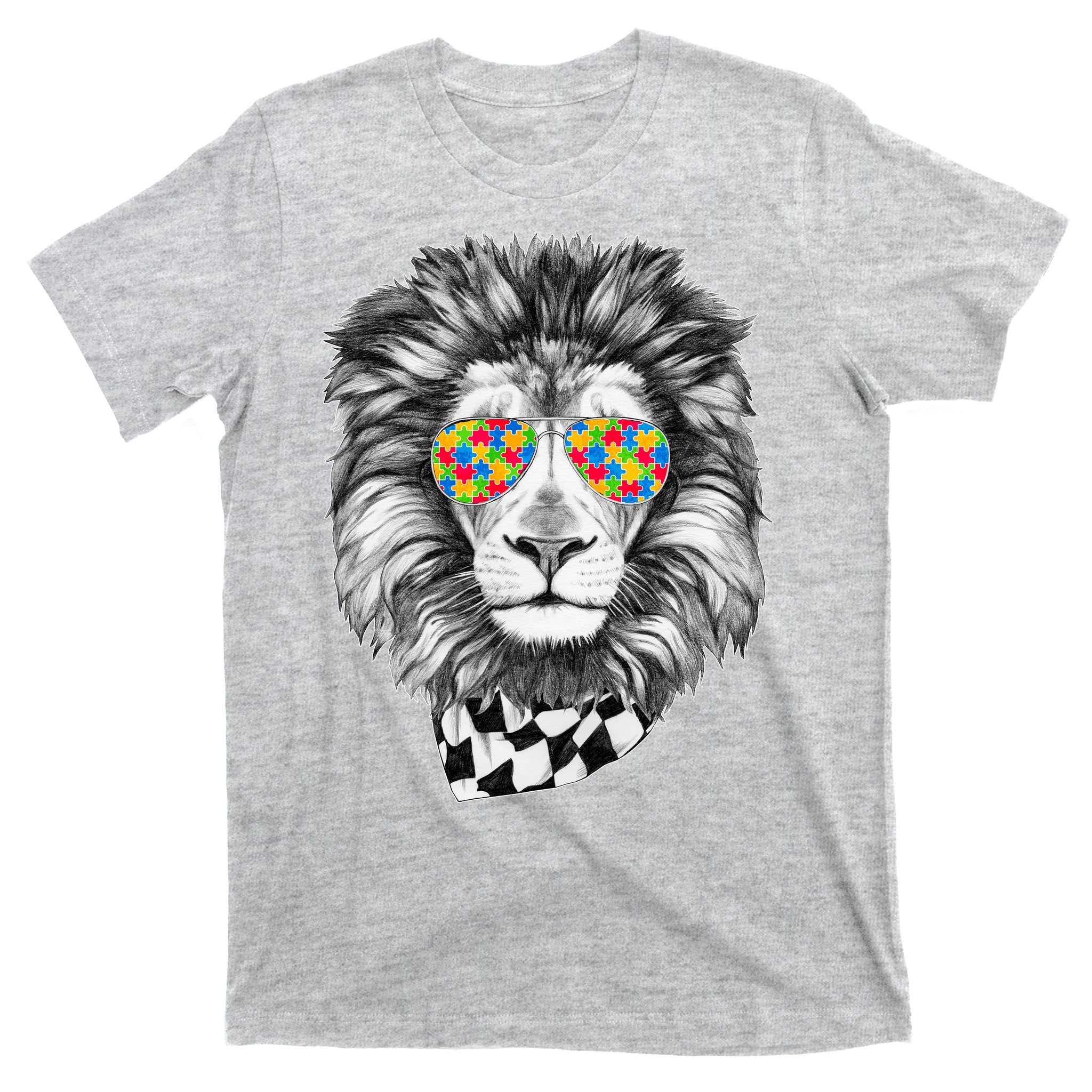 Autism Awareness Puzzle Sunglasses Lion T-Shirt