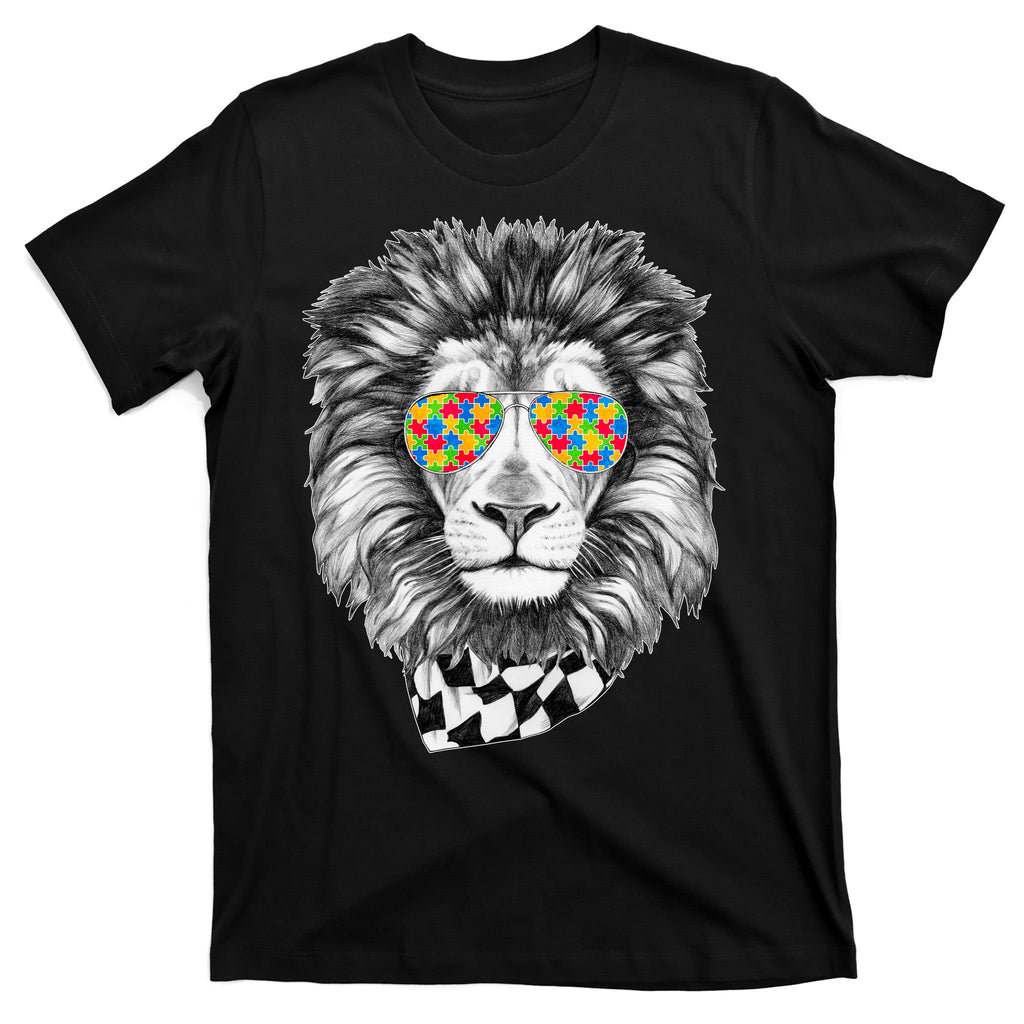 Autism Awareness Puzzle Sunglasses Lion T-Shirt