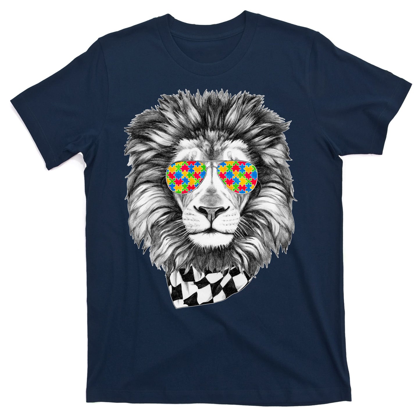 Autism Awareness Puzzle Sunglasses Lion T-Shirt