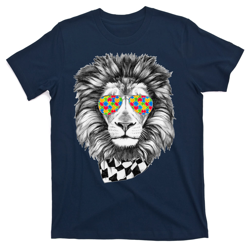 Autism Awareness Puzzle Sunglasses Lion T-Shirt