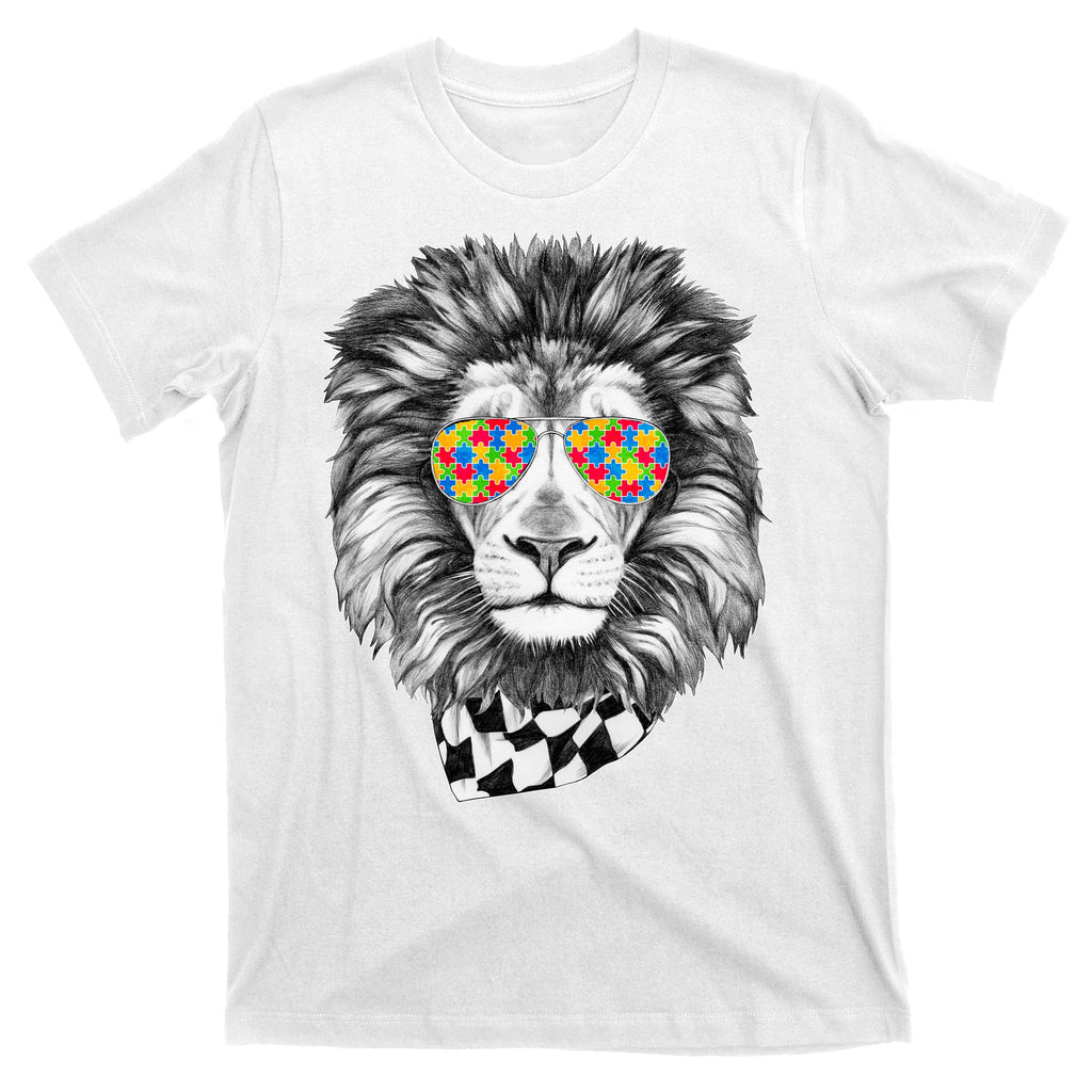 Autism Awareness Puzzle Sunglasses Lion T-Shirt