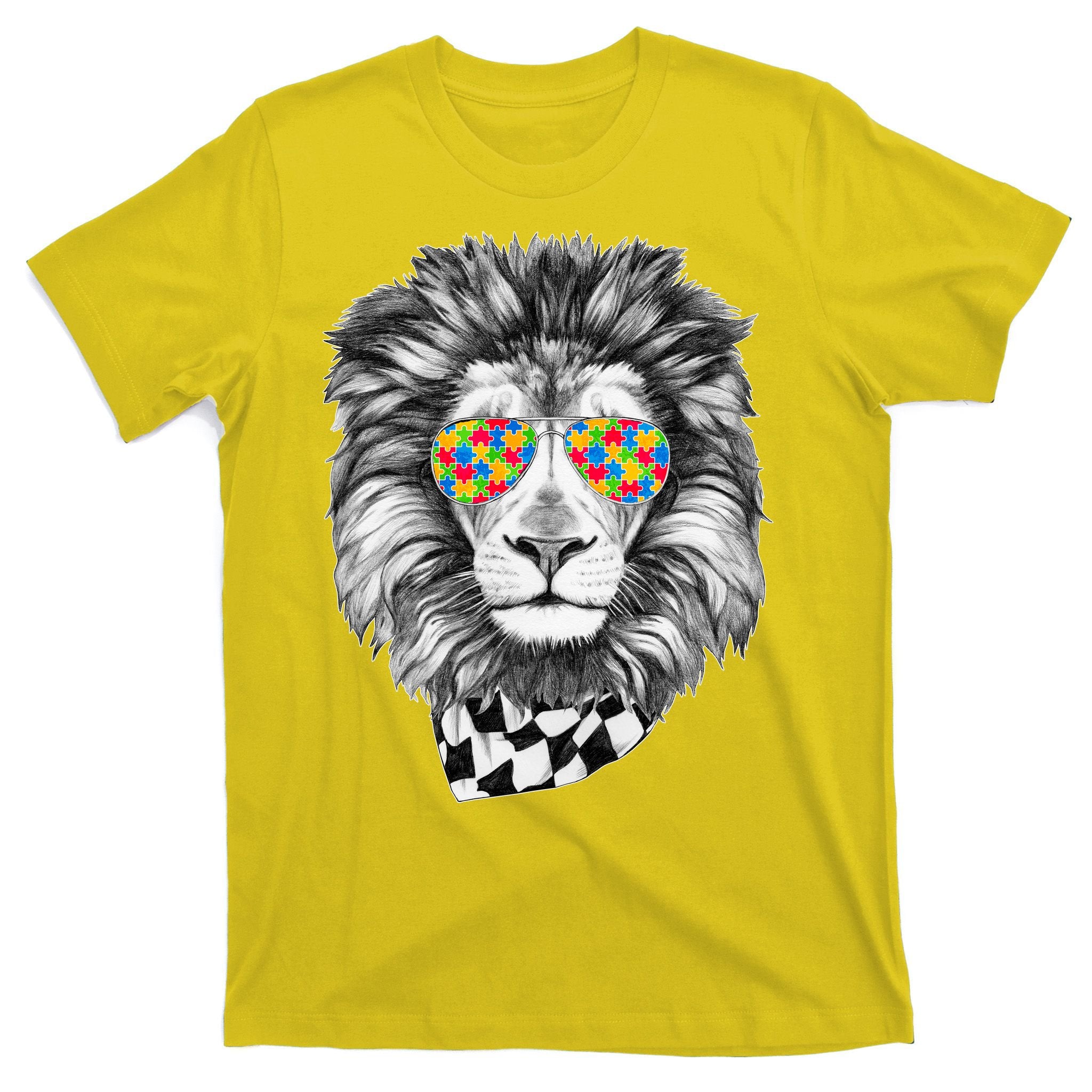 Autism Awareness Puzzle Sunglasses Lion T-Shirt
