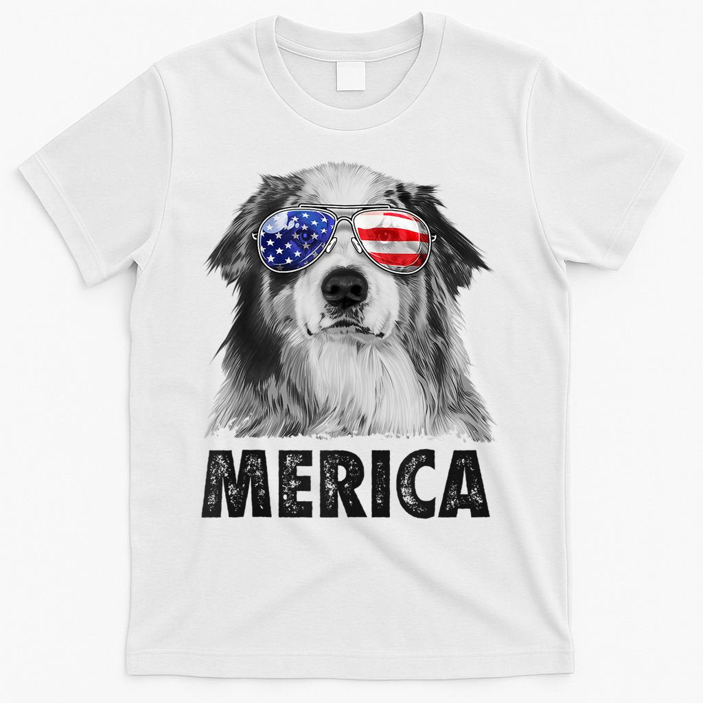 Aussie Australian Shepherd 4th Of July Merica American Flag T-Shirt