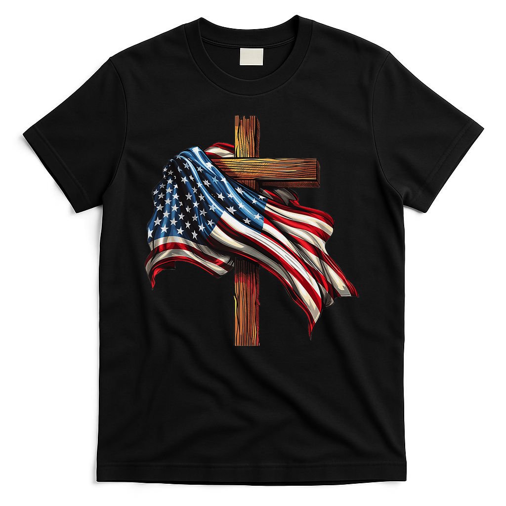 American Flag And Christian Cross Patriotic 4th Of July T-Shirt