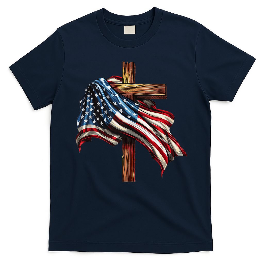 American Flag And Christian Cross Patriotic 4th Of July T-Shirt