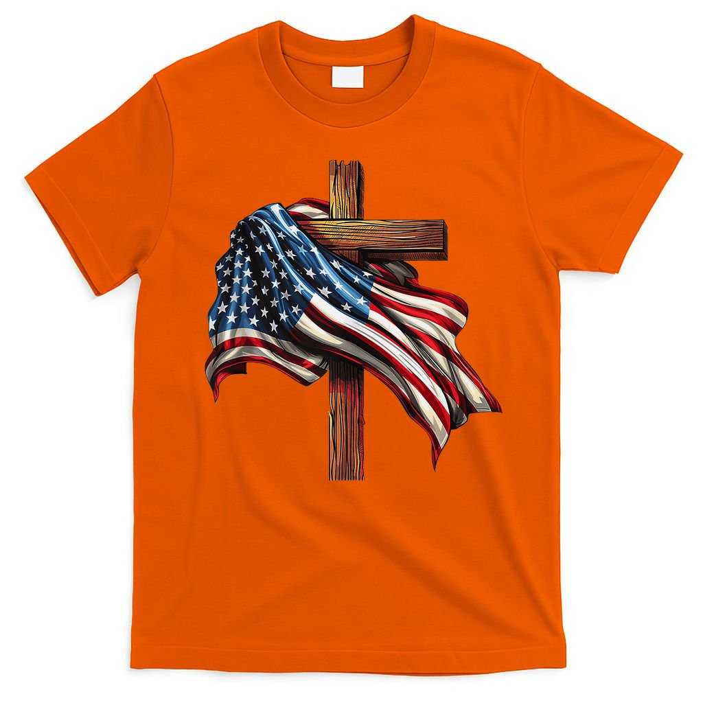 American Flag And Christian Cross Patriotic 4th Of July T-Shirt