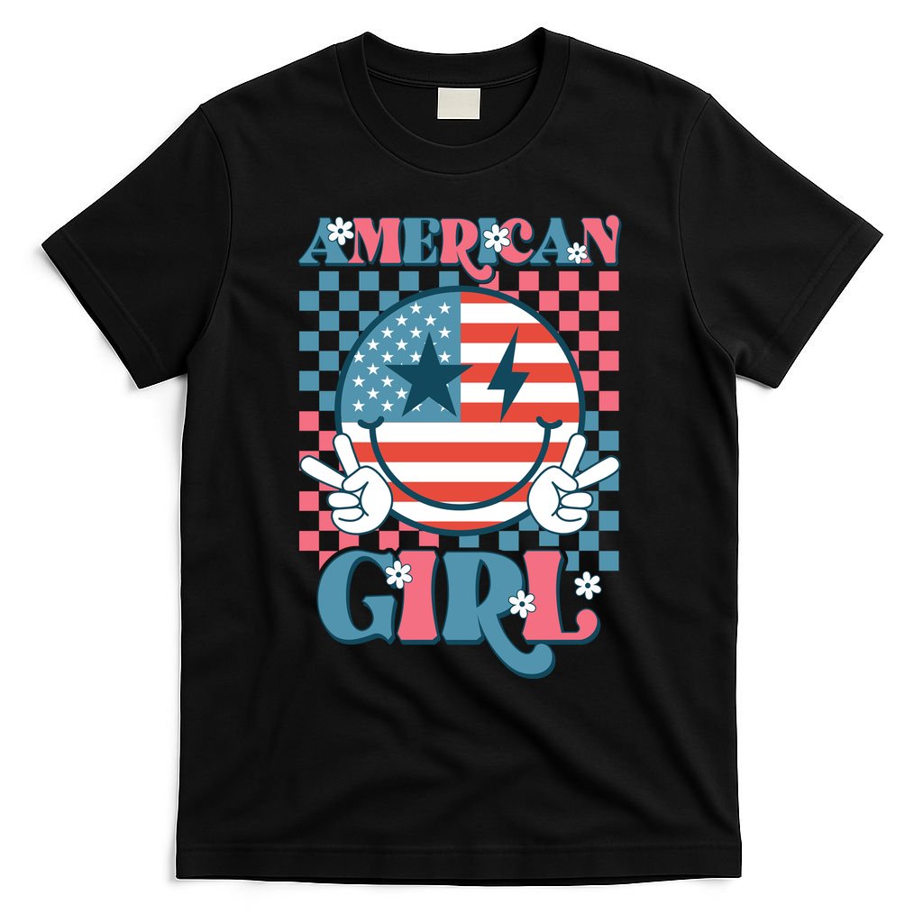 American Girl Retro Groovy 4th Of July Smile Peace T-Shirt