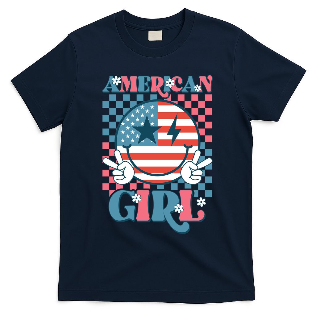 American Girl Retro Groovy 4th Of July Smile Peace T-Shirt