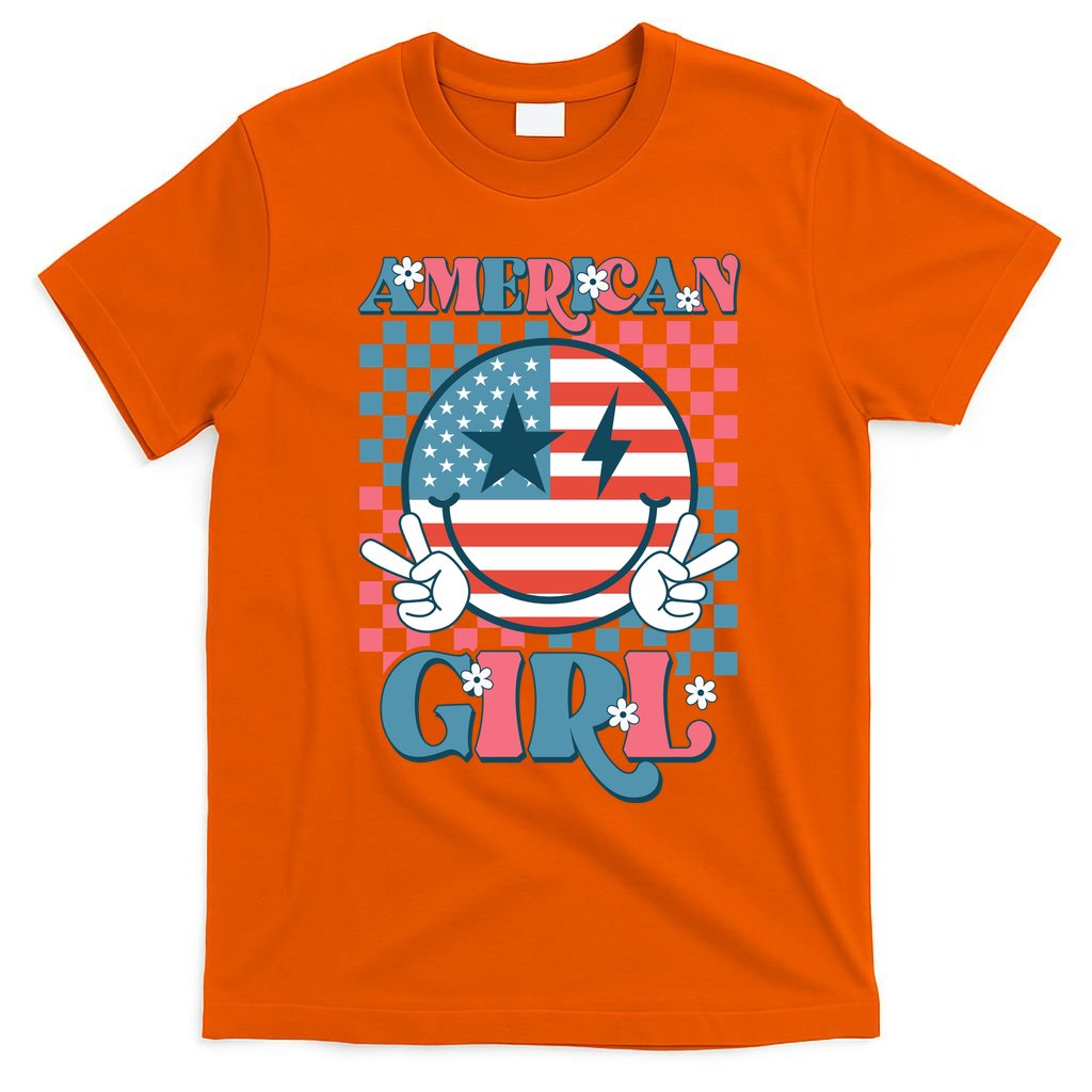 American Girl Retro Groovy 4th Of July Smile Peace T-Shirt