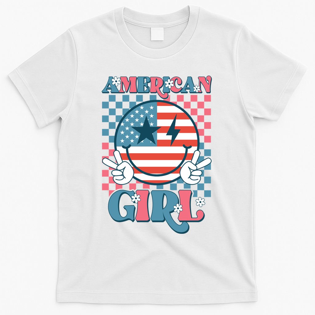 American Girl Retro Groovy 4th Of July Smile Peace T-Shirt