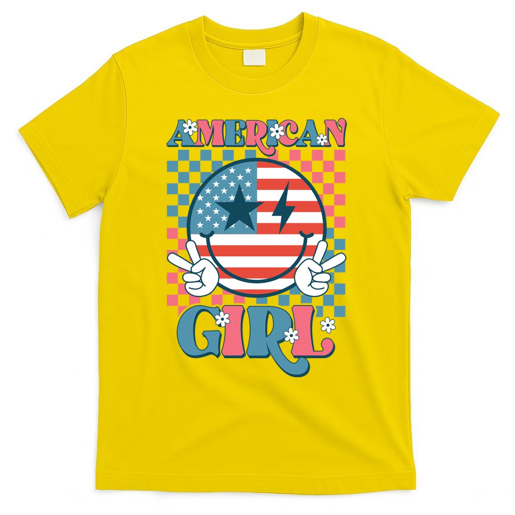 American Girl Retro Groovy 4th Of July Smile Peace T-Shirt