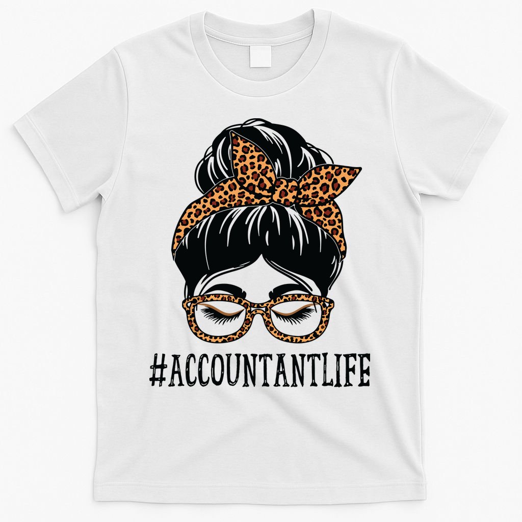 Accountant Leopard Messy Bun Women Back To School T-Shirt