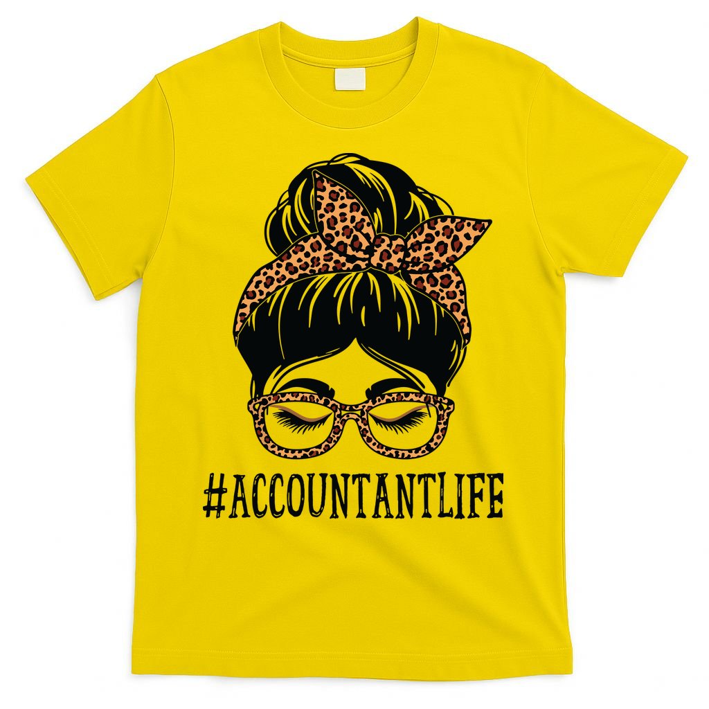 Accountant Leopard Messy Bun Women Back To School T-Shirt