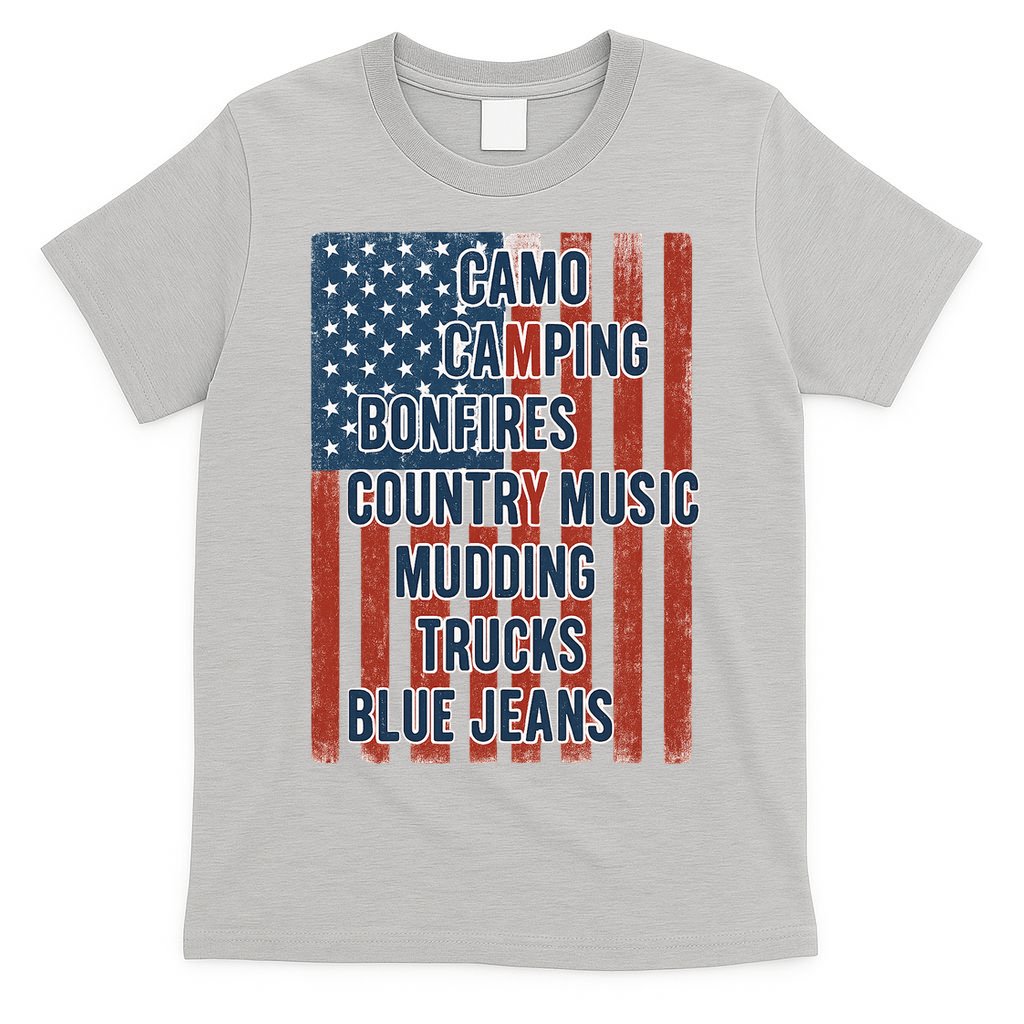 American Life Patriotic USA Flag Camo Camping Bonfires Country Music T-Shirt