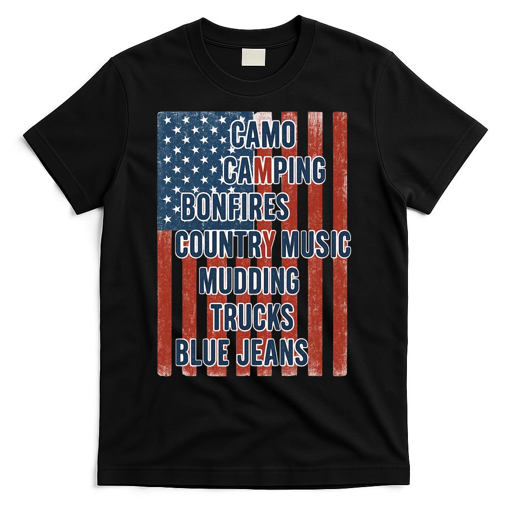 American Life Patriotic USA Flag Camo Camping Bonfires Country Music T-Shirt