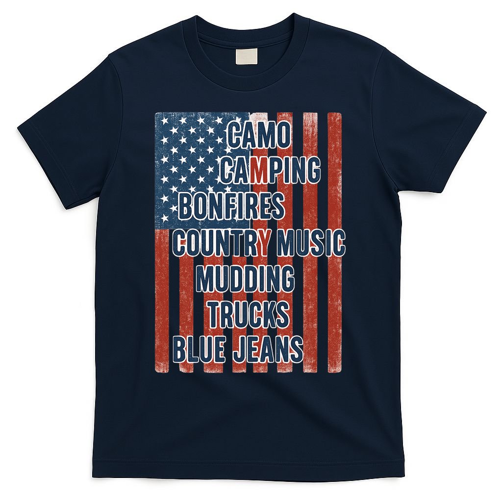 American Life Patriotic USA Flag Camo Camping Bonfires Country Music T-Shirt