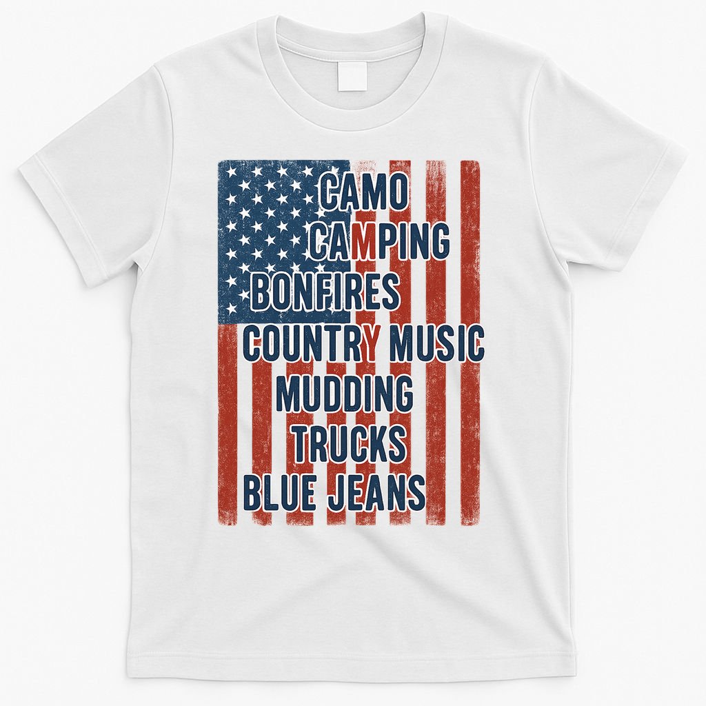 American Life Patriotic USA Flag Camo Camping Bonfires Country Music T-Shirt
