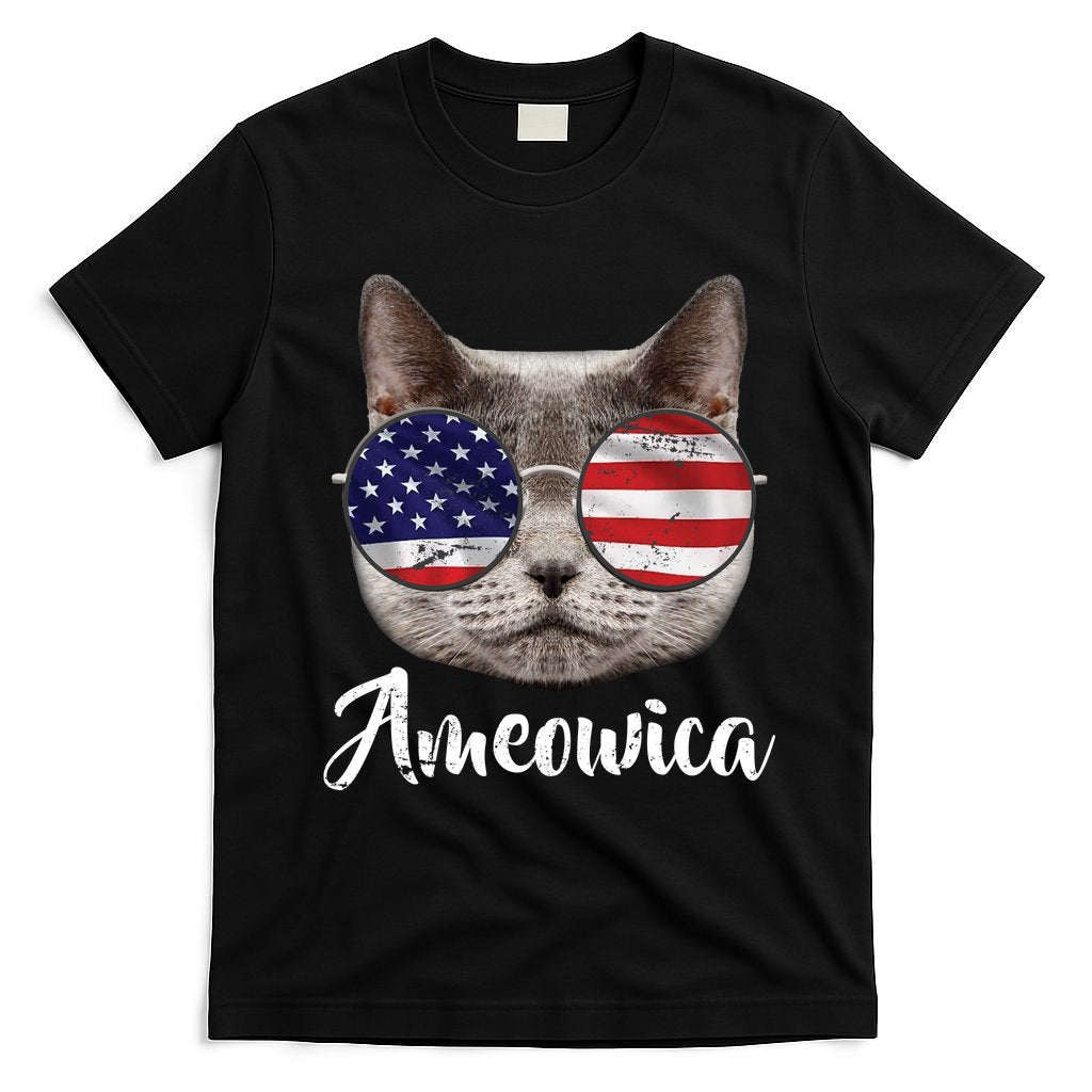 Ameowica America USA Cat Sunglasses Flag T-Shirt